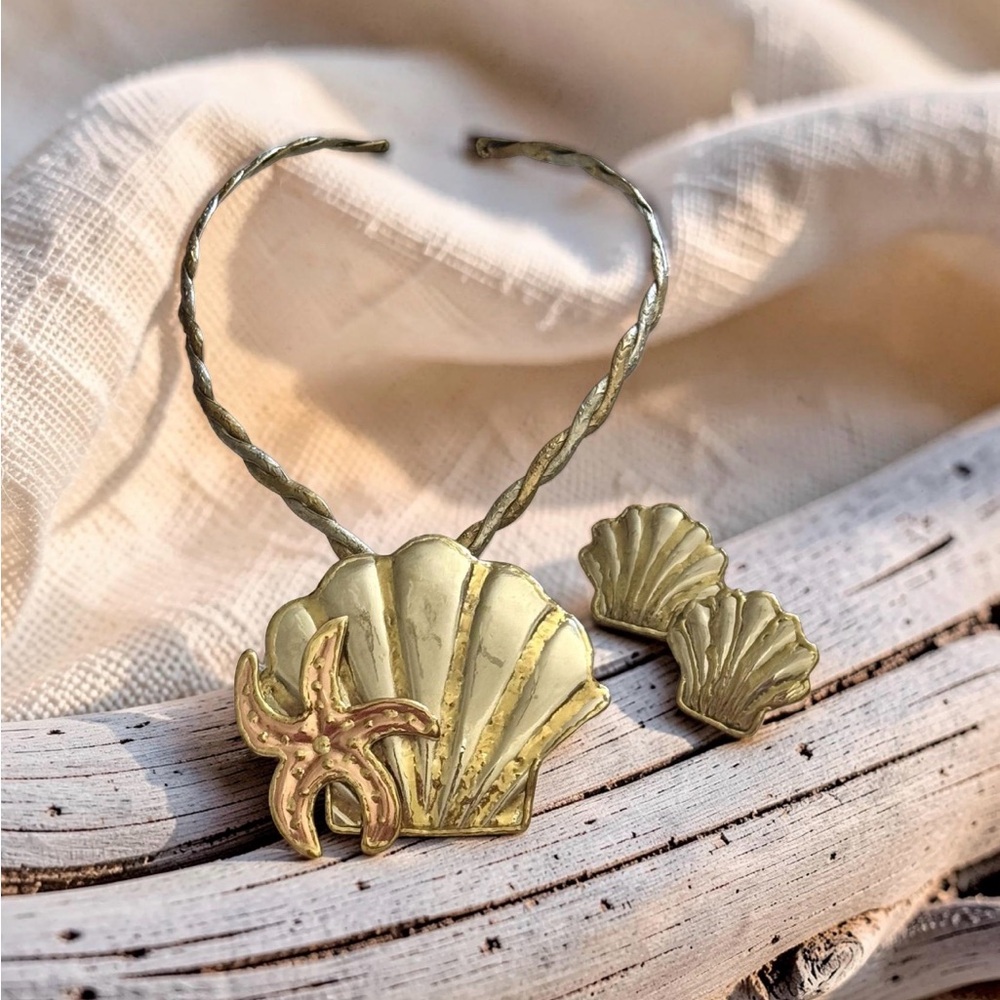 Vintage Silver Copper Brass Shell & Starfish Necklace Pendant/Brooch & Earrings